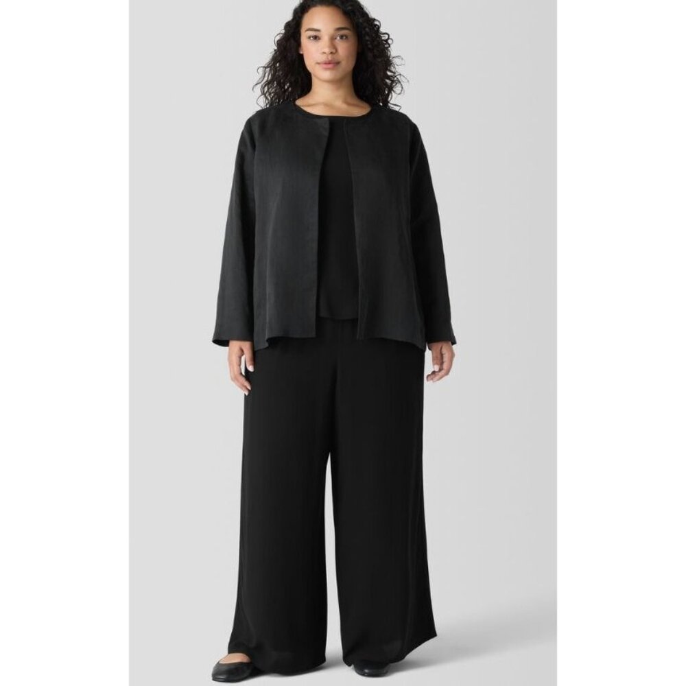 NWT Eileen Fisher Linen Silk Satin Round Neck Jacket Black Sz PM $298 [jb] - Picture 7 of 12